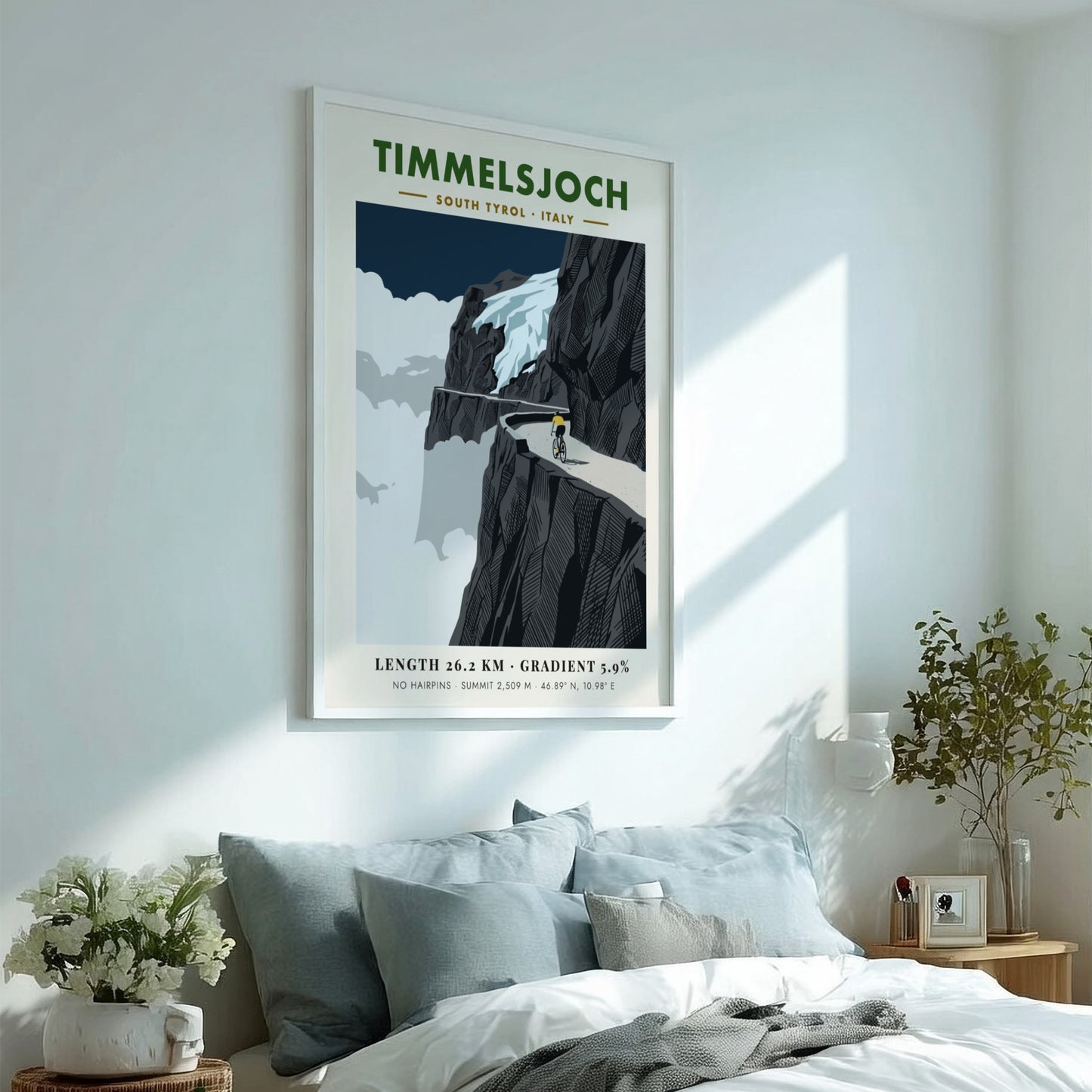 Poster of a cyclist riding on a cliffside road at the Timmelsjoch mountain pass