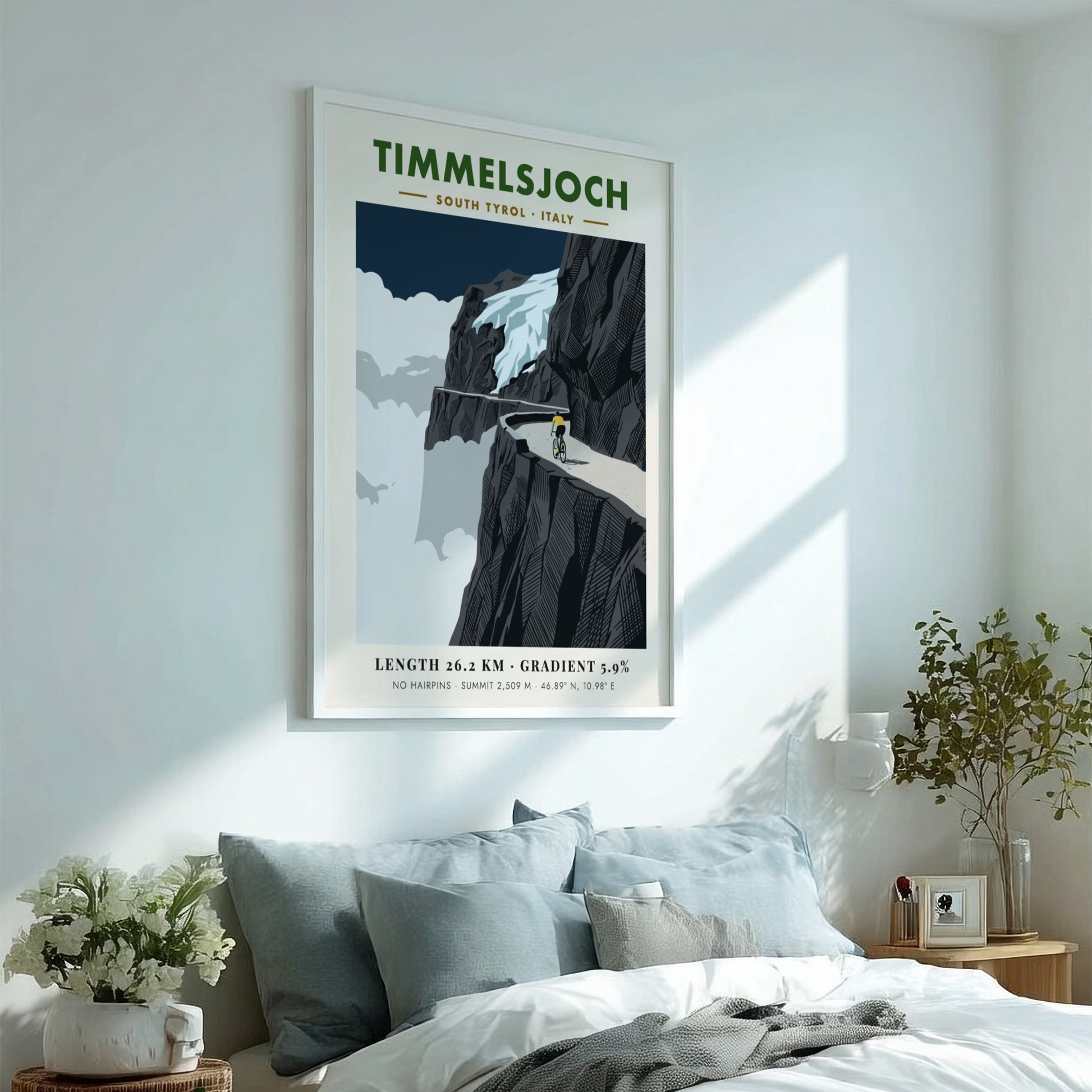 Poster of a cyclist riding on a cliffside road at the Timmelsjoch mountain pass