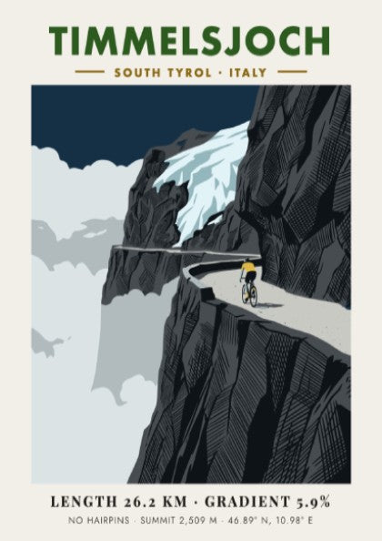 Poster of a cyclist riding on a cliffside road at the Timmelsjoch mountain pass