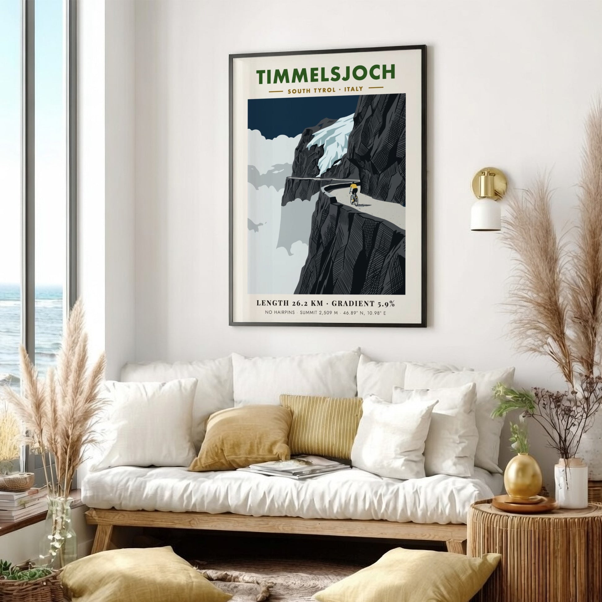 Poster of a cyclist riding on a cliffside road at the Timmelsjoch mountain pass