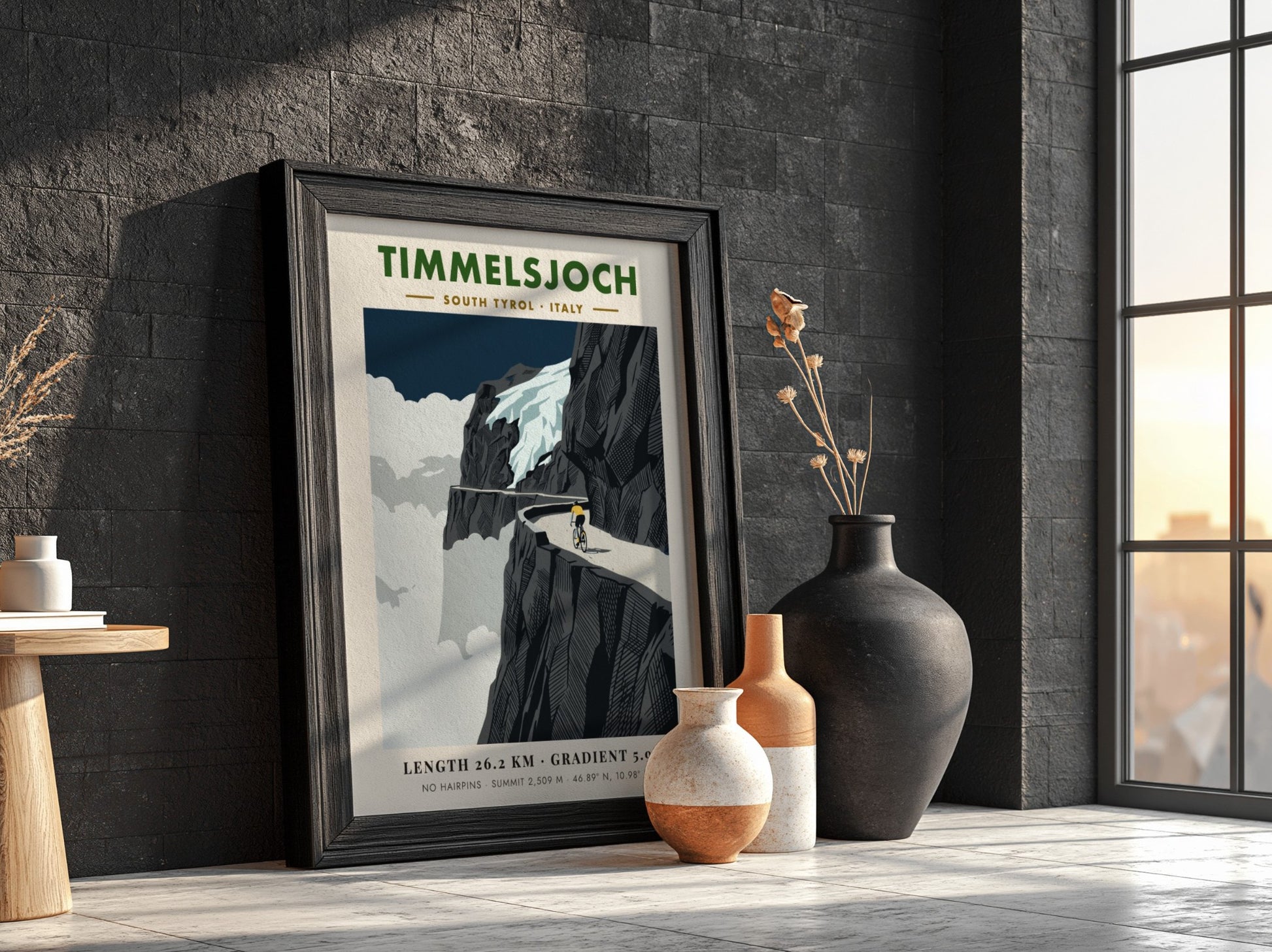 Poster of a cyclist riding on a cliffside road at the Timmelsjoch mountain pass