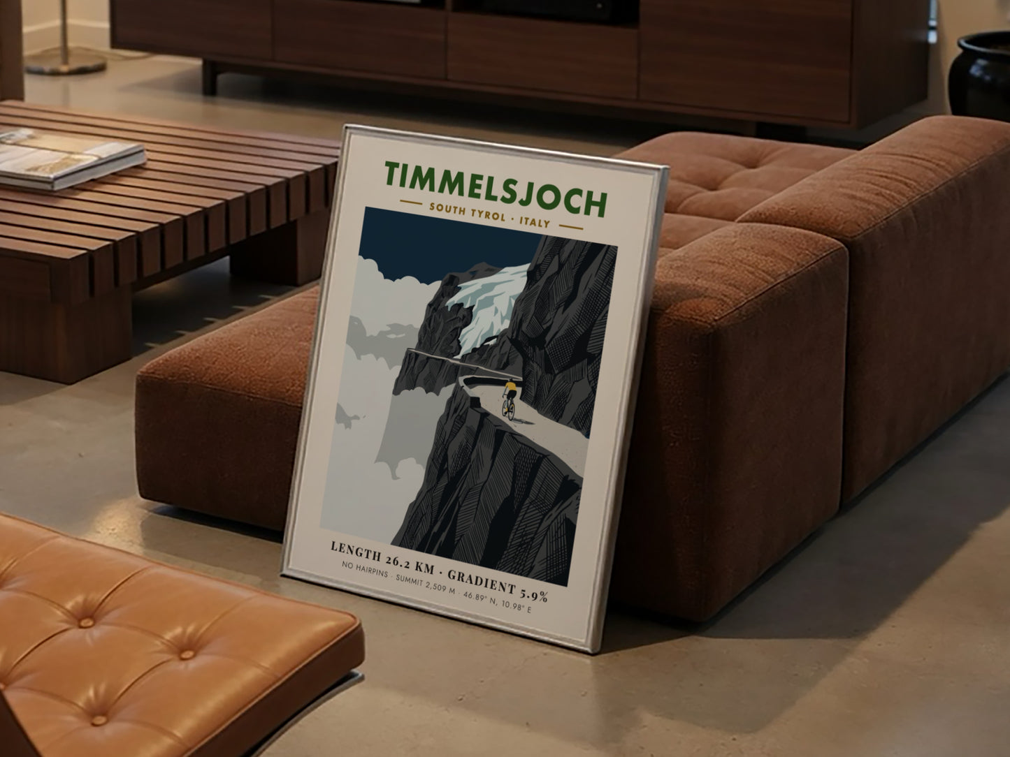 Poster of a cyclist riding on a cliffside road at the Timmelsjoch mountain pass