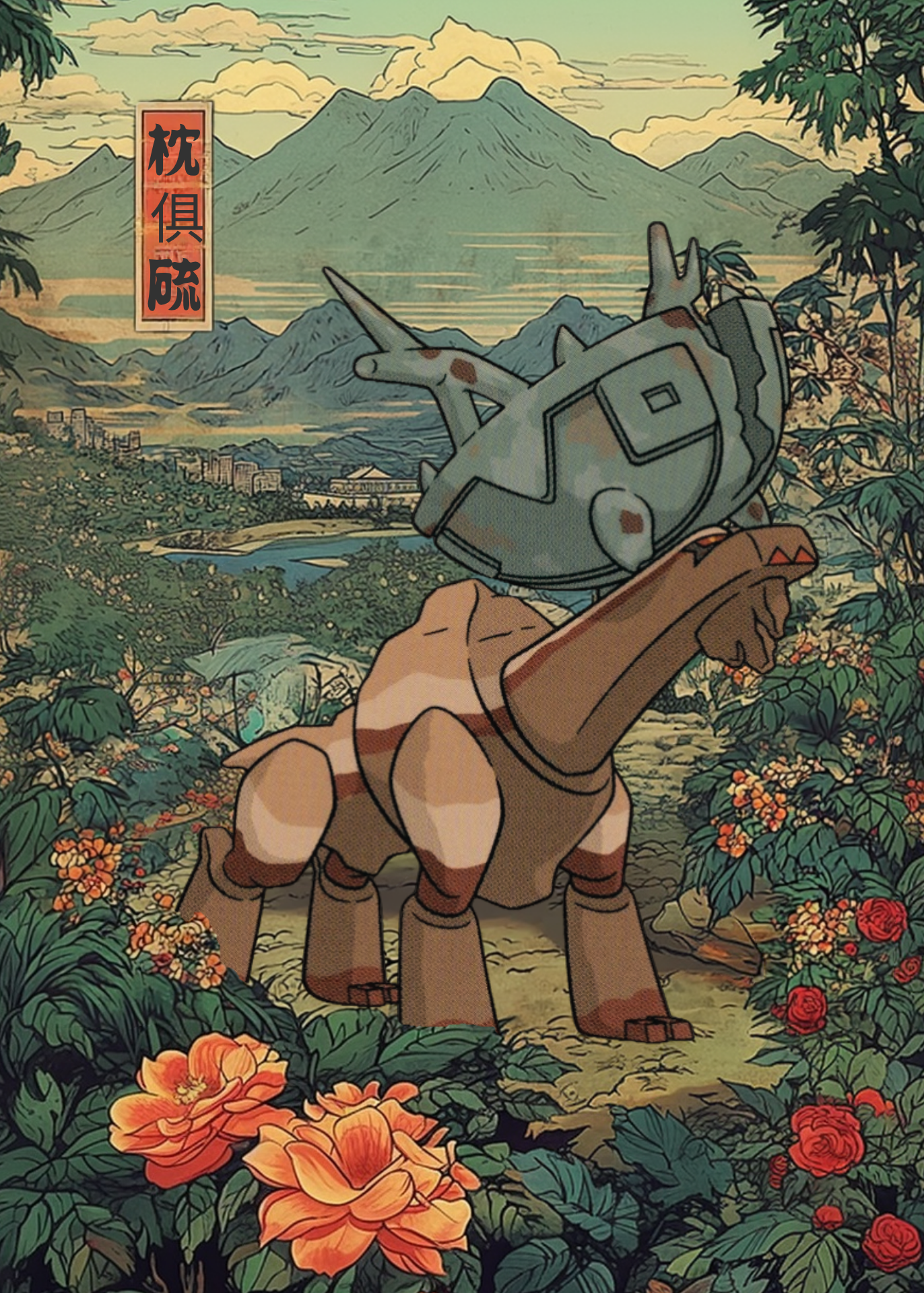 Illustration of Ting-Lu Pokemon  in a scenic landscape with mountains and flowers.