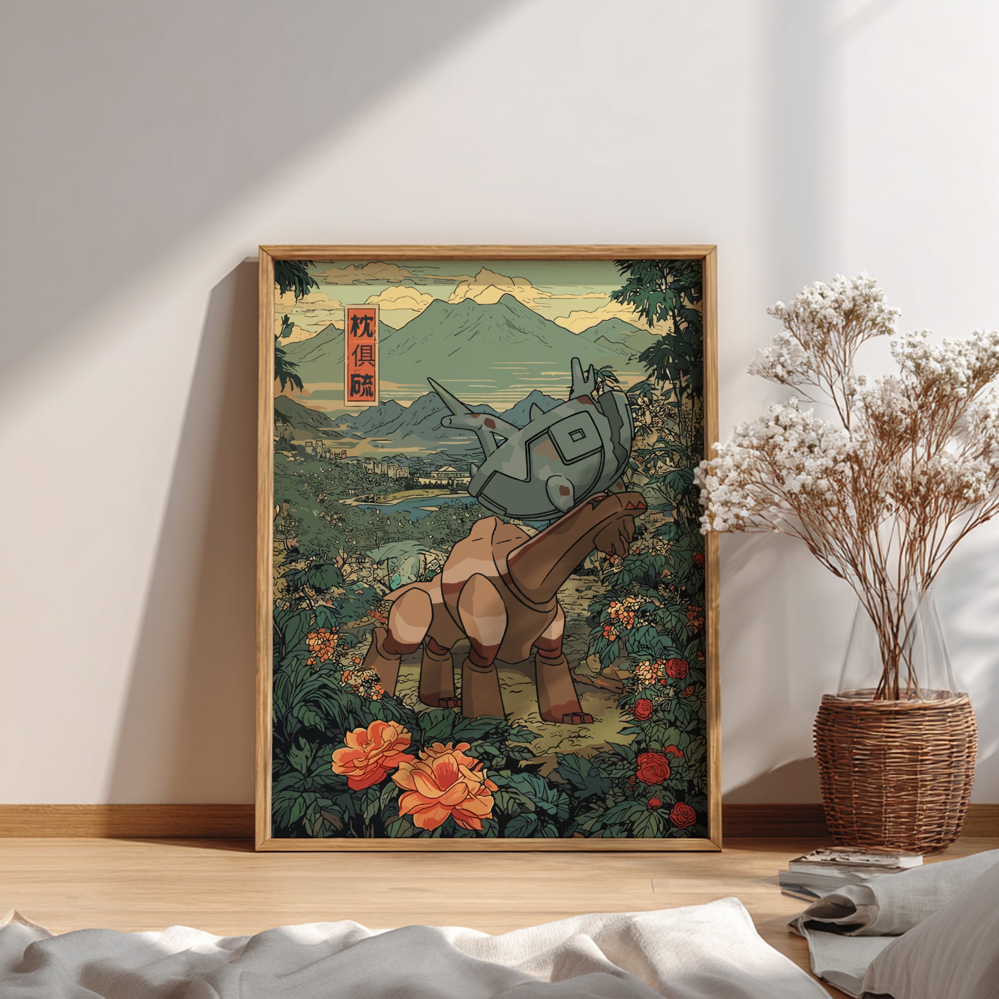 Framed artwork of Ting-Lu Pokemon in a natural setting on a wall.
