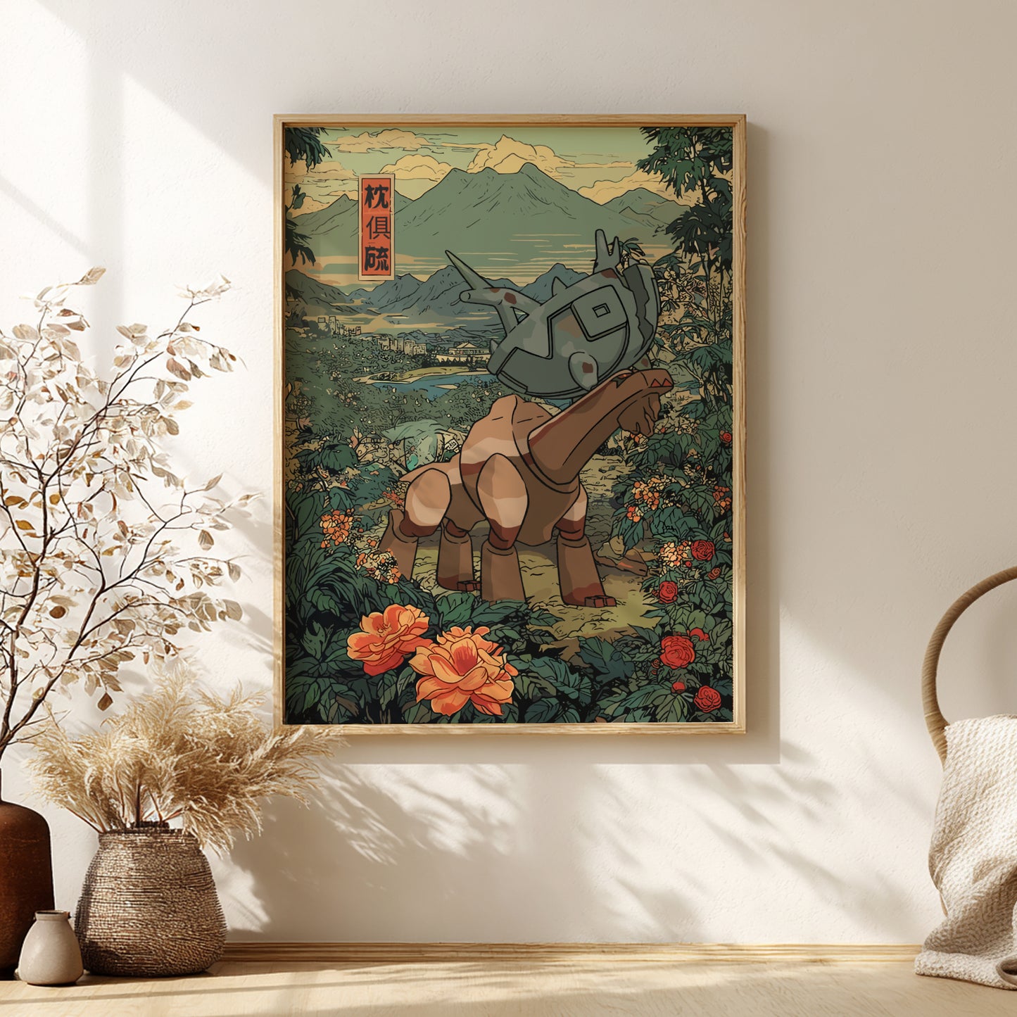 Framed artwork of a stylized Ting-Lu Pokemon in a natural landscape on a wall.