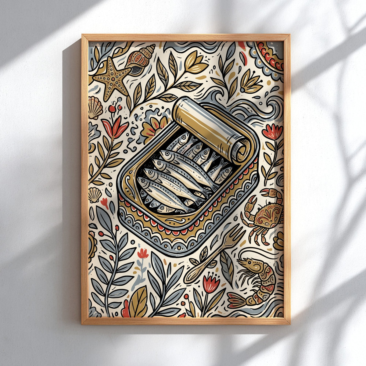 Poster featuring an open tin of sardines surrounded by folk-art botanicals and sea creatures.