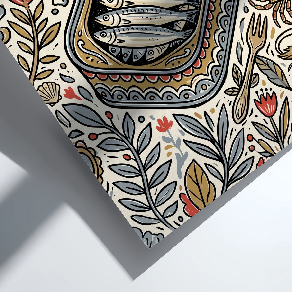 Poster featuring an open tin of sardines surrounded by folk-art botanicals and sea creatures.