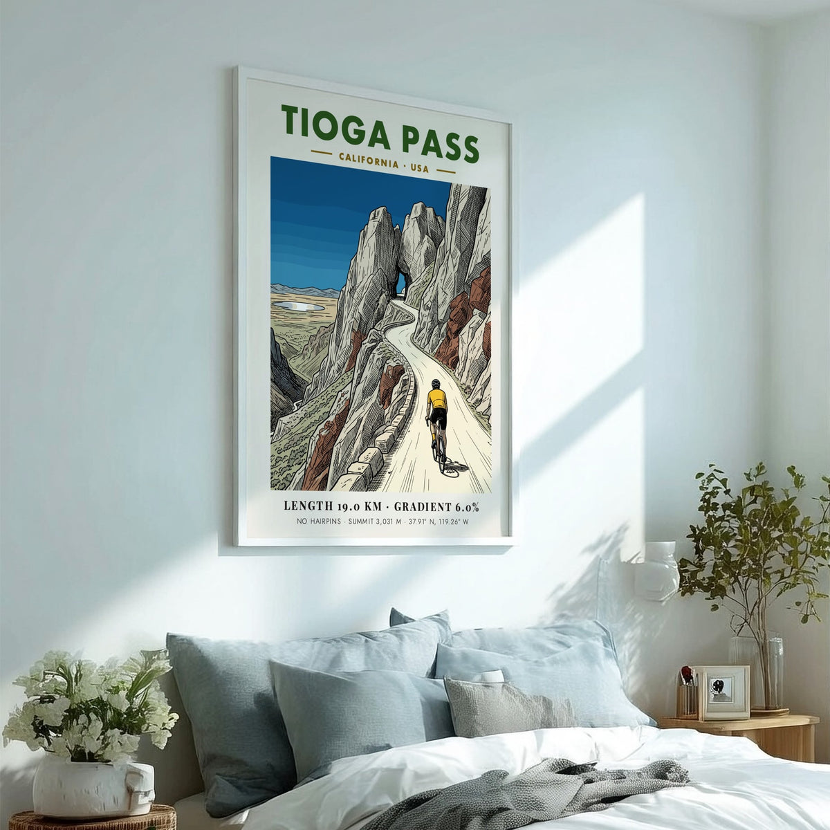 Poster of a cyclist climbing Tioga Pass with rocky mountains and blue sky.