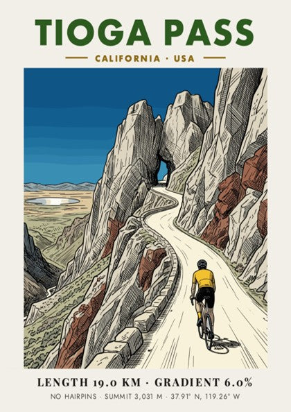 Poster of a cyclist climbing Tioga Pass with rocky mountains and blue sky.