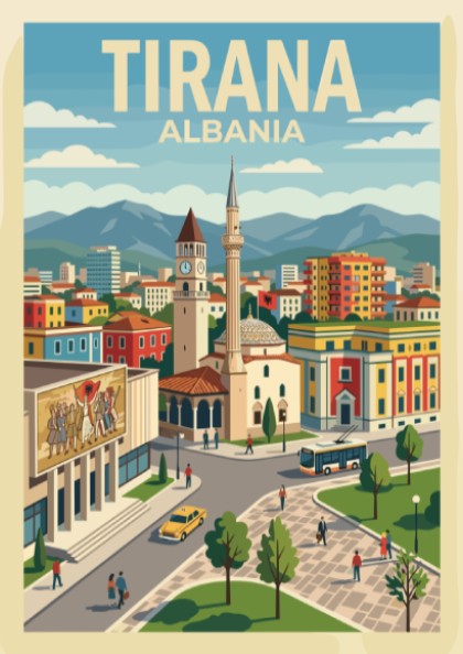 Poster of Tirana Albania featuring a clock tower and bustling city square illustration.
