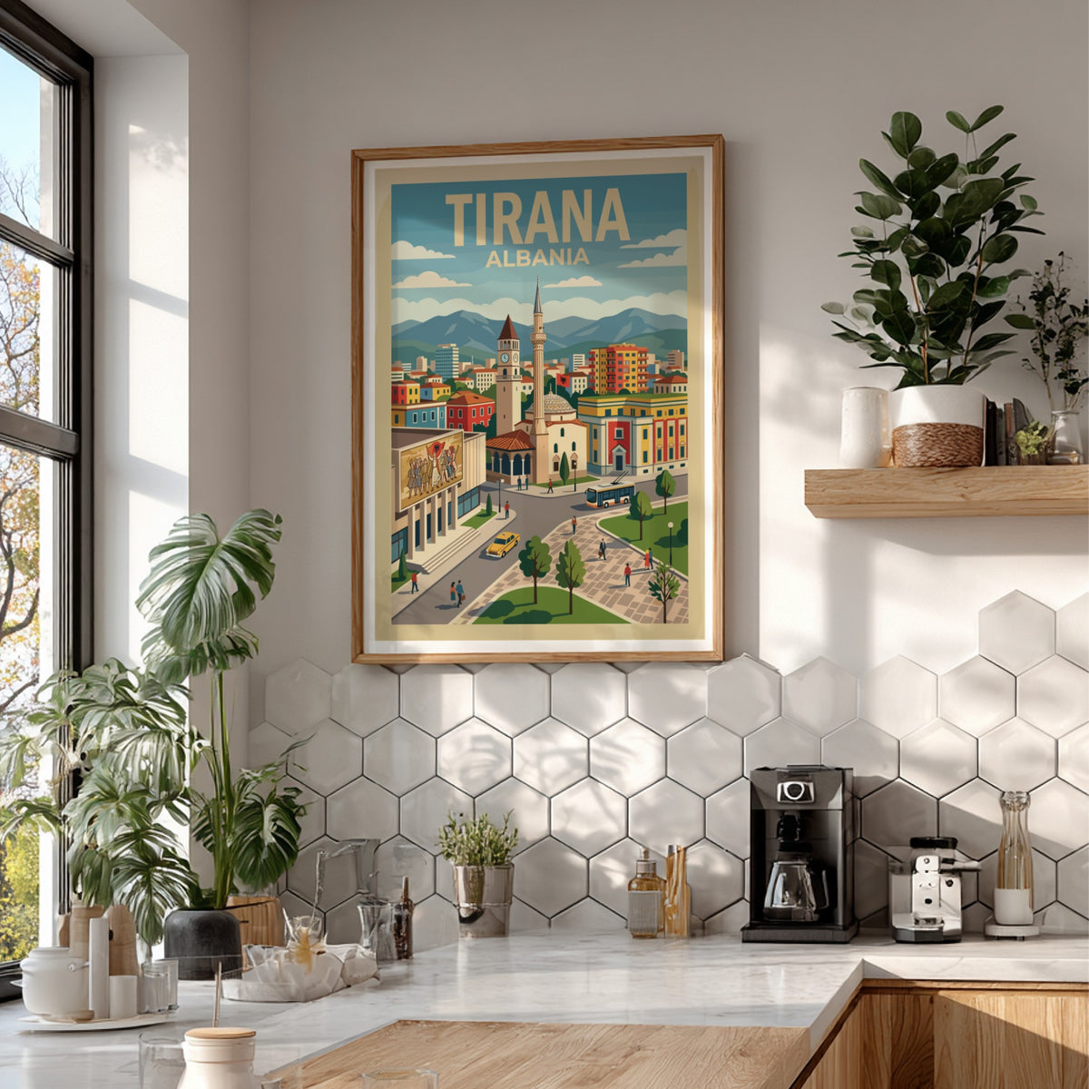 Poster of Tirana Albania featuring a clock tower and bustling city square illustration.
