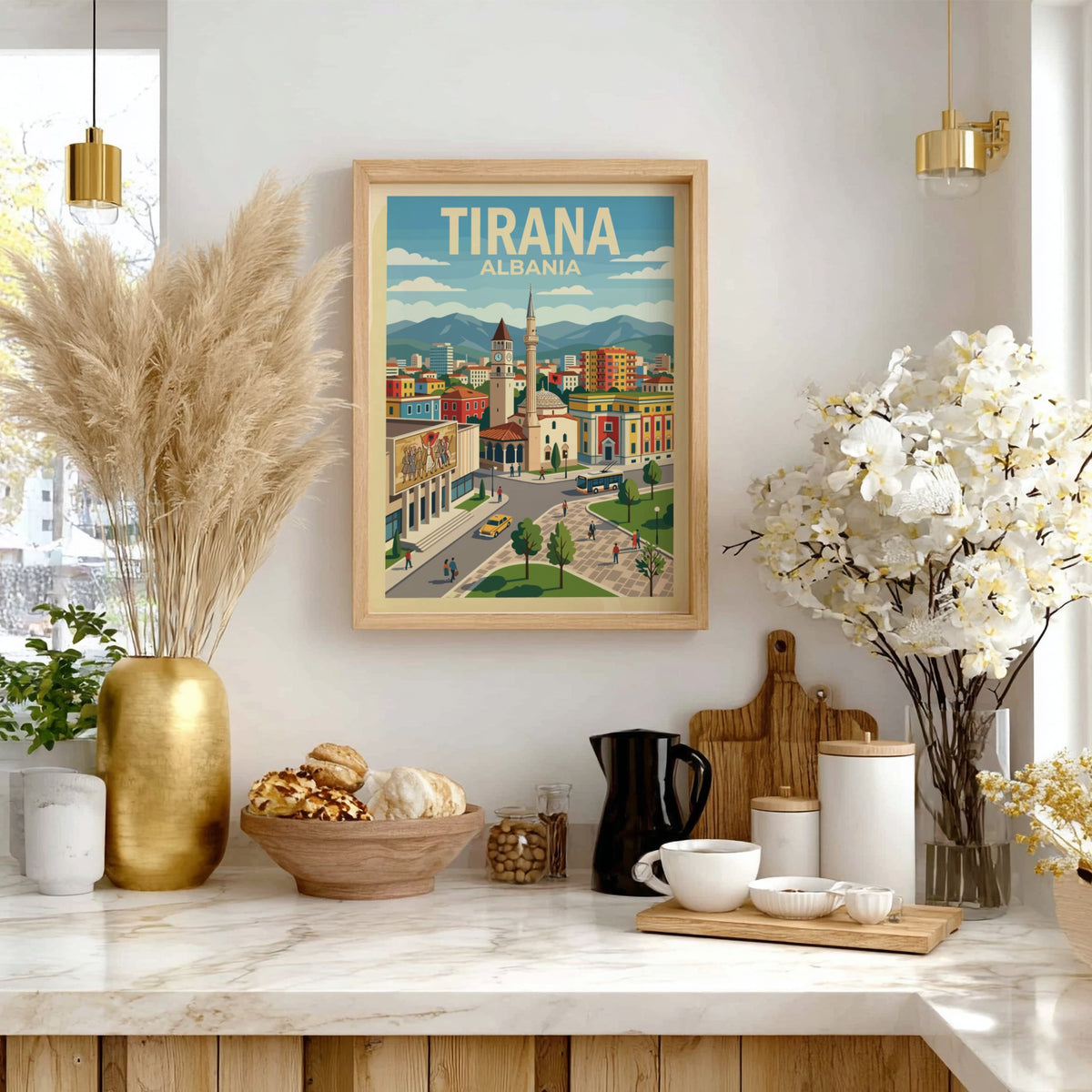 Poster of Tirana Albania featuring a clock tower and bustling city square illustration.