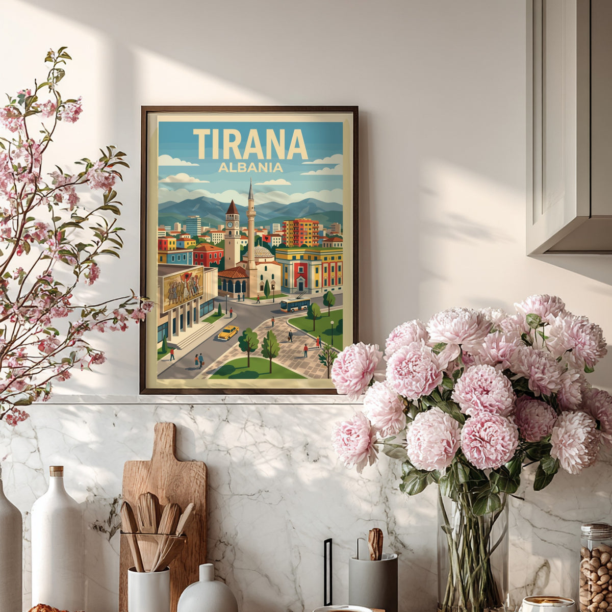 Poster of Tirana Albania featuring a clock tower and bustling city square illustration.