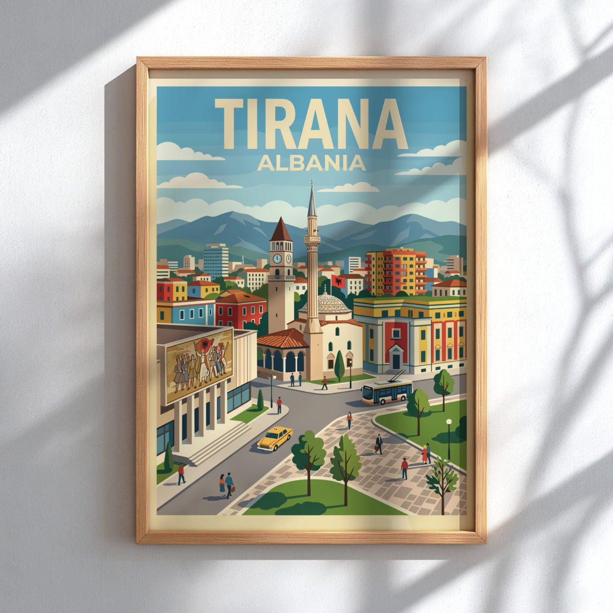 Poster of Tirana Albania featuring a clock tower and bustling city square illustration.