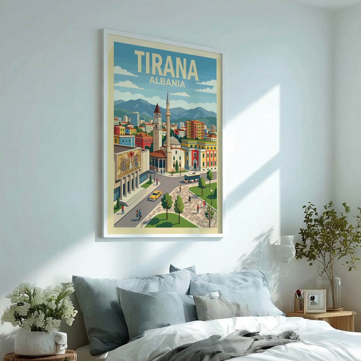 Poster of Tirana Albania featuring a clock tower and bustling city square illustration.