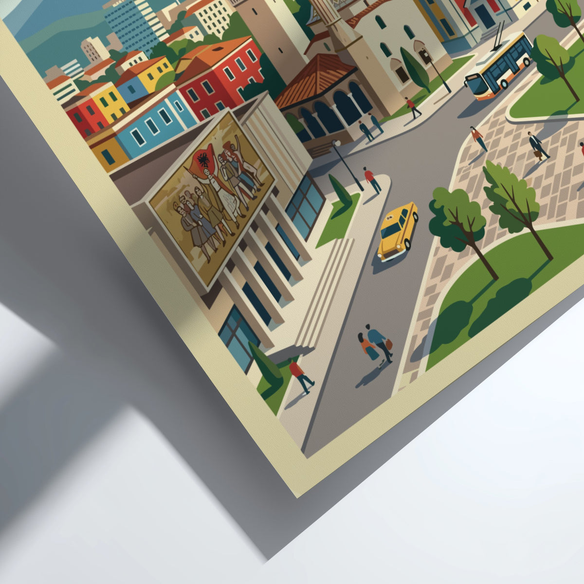 Poster of Tirana Albania featuring a clock tower and bustling city square illustration.