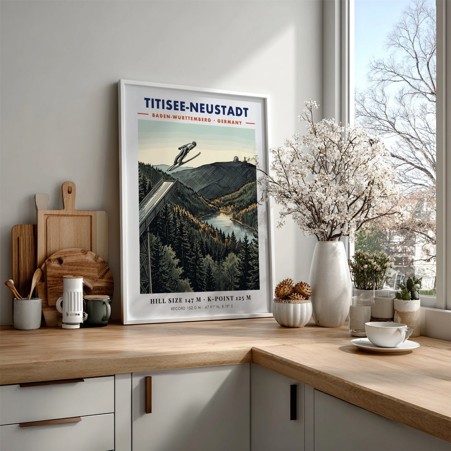 Poster of a ski jumper in flight over the Titisee-Neustadt landscape in Germany.