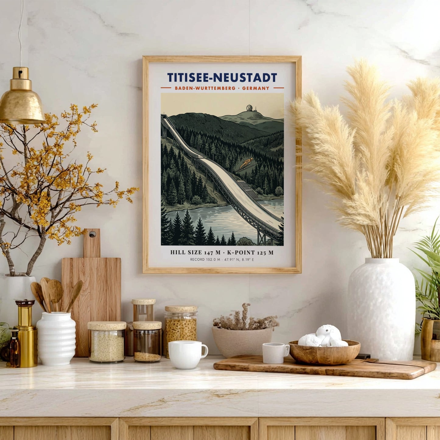 Poster of Titisee-Neustadt ski jump with a jumper against a pine forest background