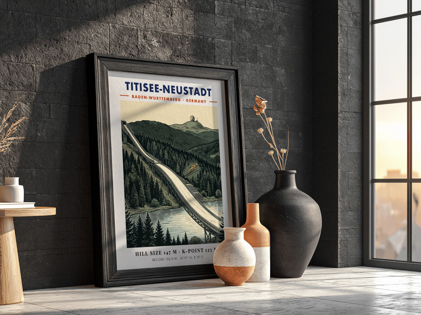 Poster of Titisee-Neustadt ski jump with a jumper against a pine forest background