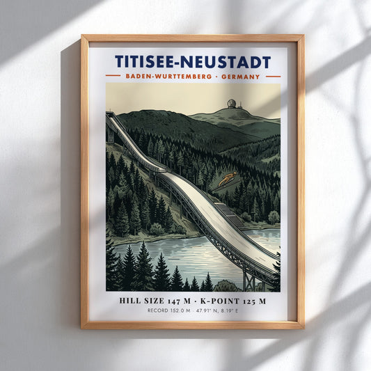 Poster of Titisee-Neustadt ski jump with a jumper against a pine forest background