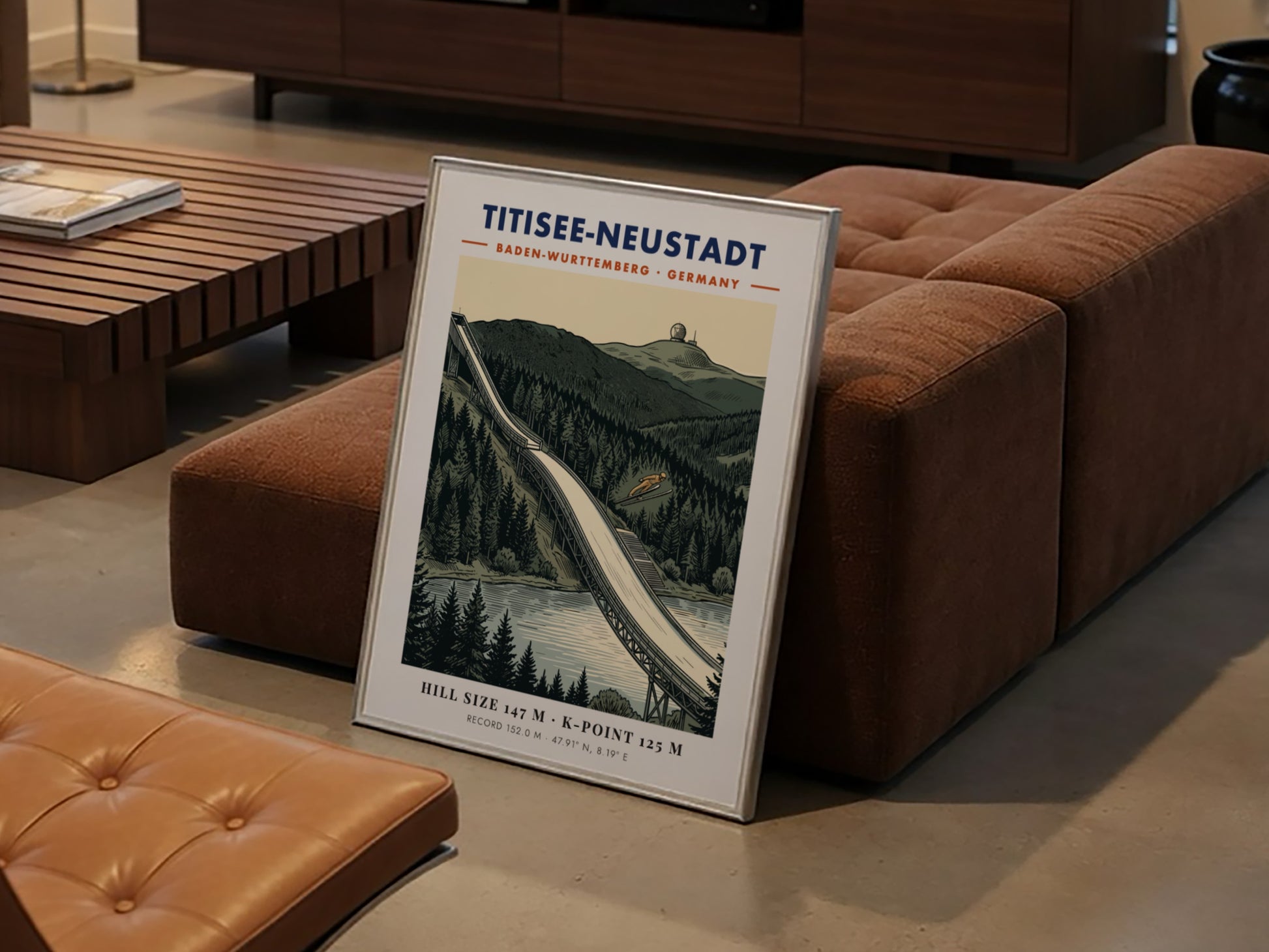 Poster of Titisee-Neustadt ski jump with a jumper against a pine forest background