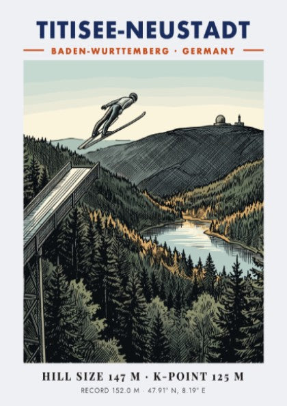 Poster of a ski jumper in flight over the Titisee-Neustadt landscape in Germany.