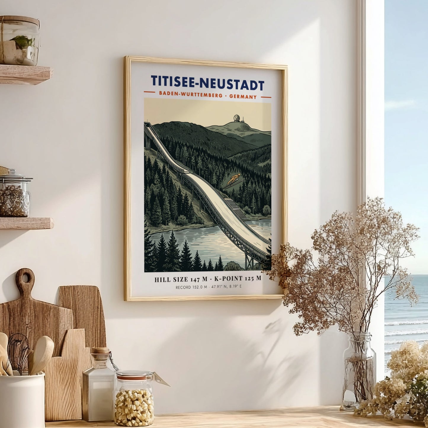 Poster of Titisee-Neustadt ski jump with a jumper against a pine forest background