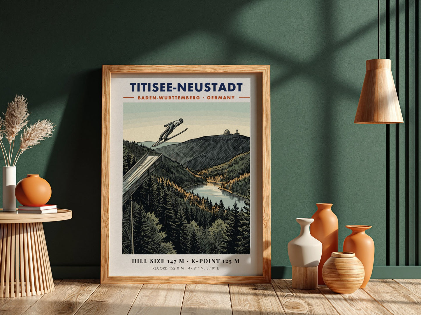 Poster of a ski jumper in flight over the Titisee-Neustadt landscape in Germany.