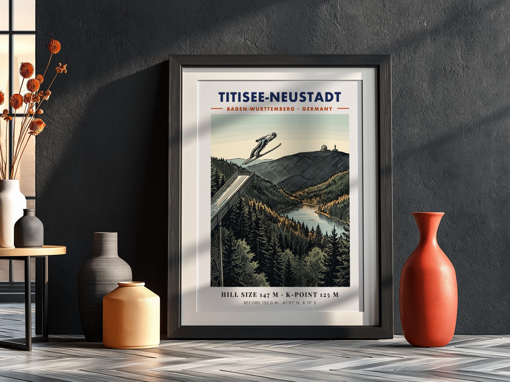 Poster of a ski jumper in flight over the Titisee-Neustadt landscape in Germany.