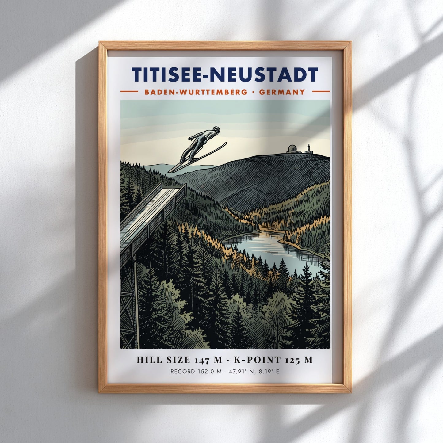 Poster of a ski jumper in flight over the Titisee-Neustadt landscape in Germany.