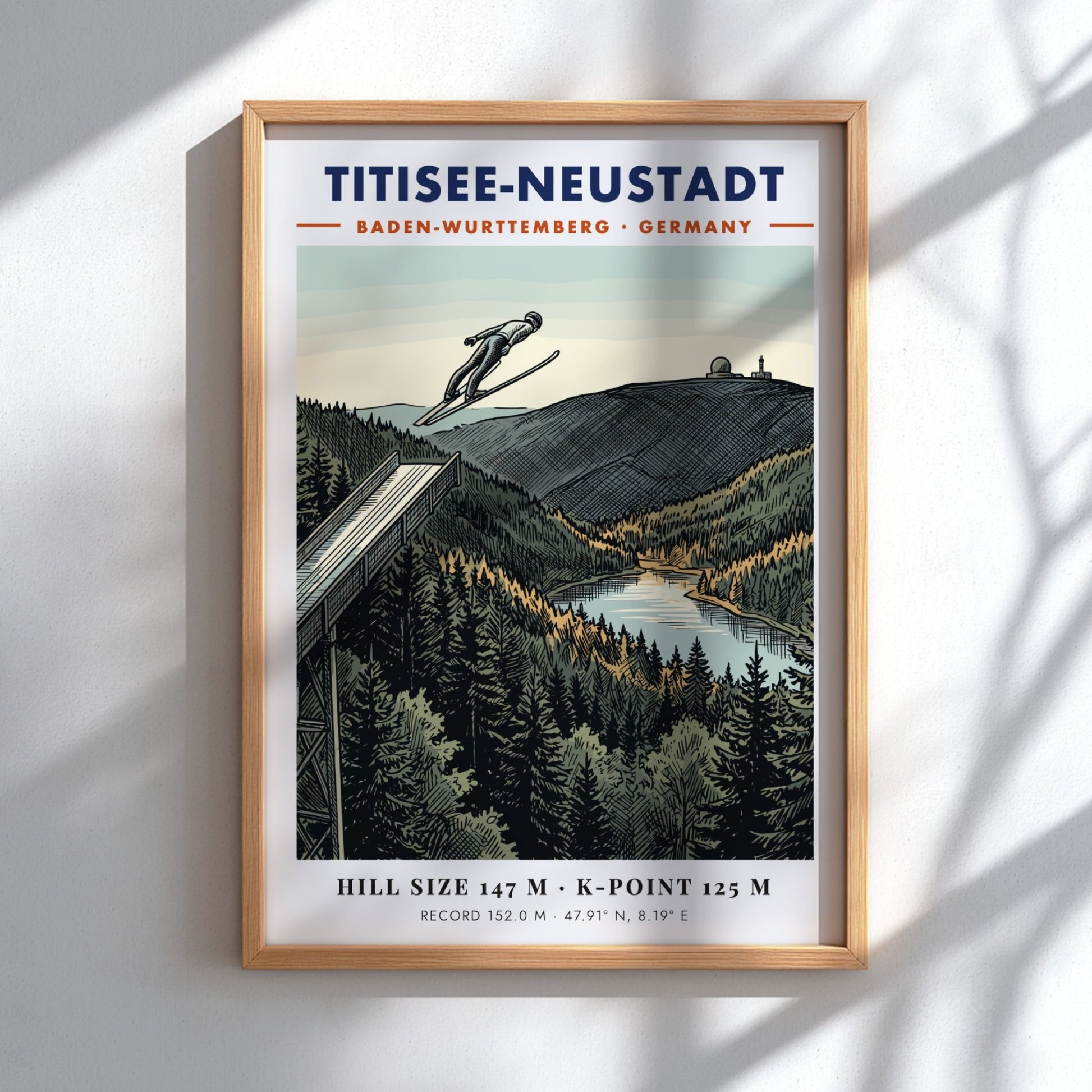 Poster of a ski jumper in flight over the Titisee-Neustadt landscape in Germany.