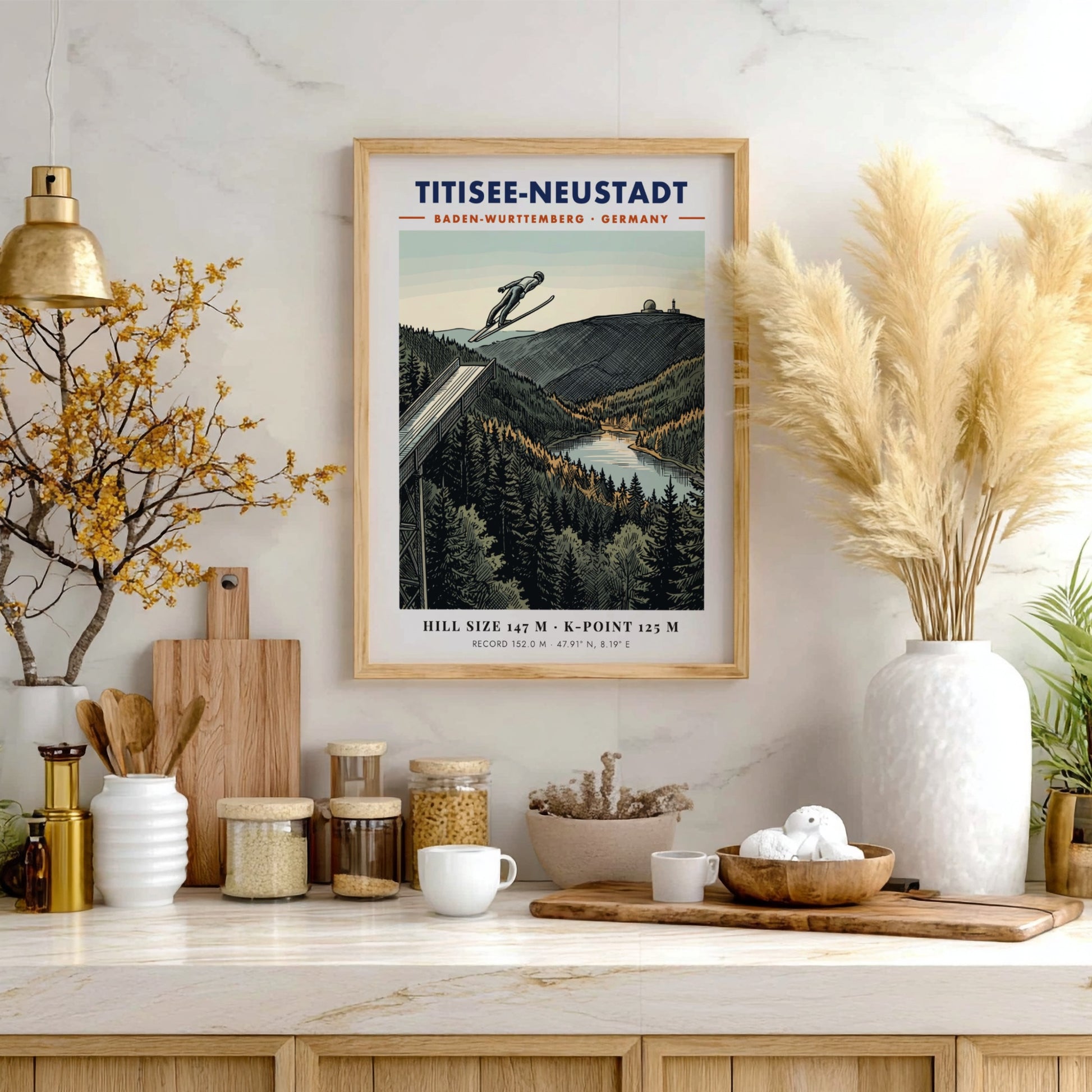 Poster of a ski jumper in flight over the Titisee-Neustadt landscape in Germany.