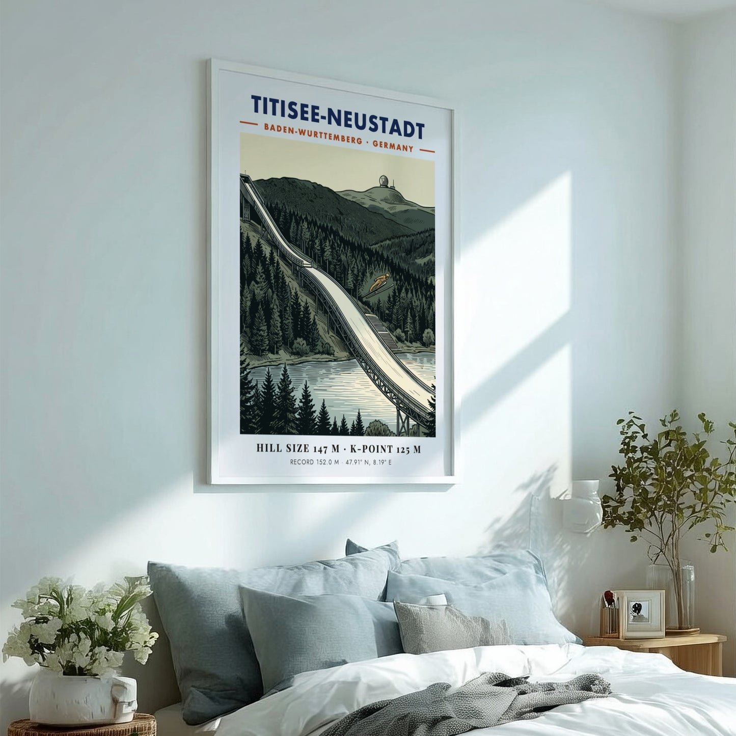 Poster of Titisee-Neustadt ski jump with a jumper against a pine forest background