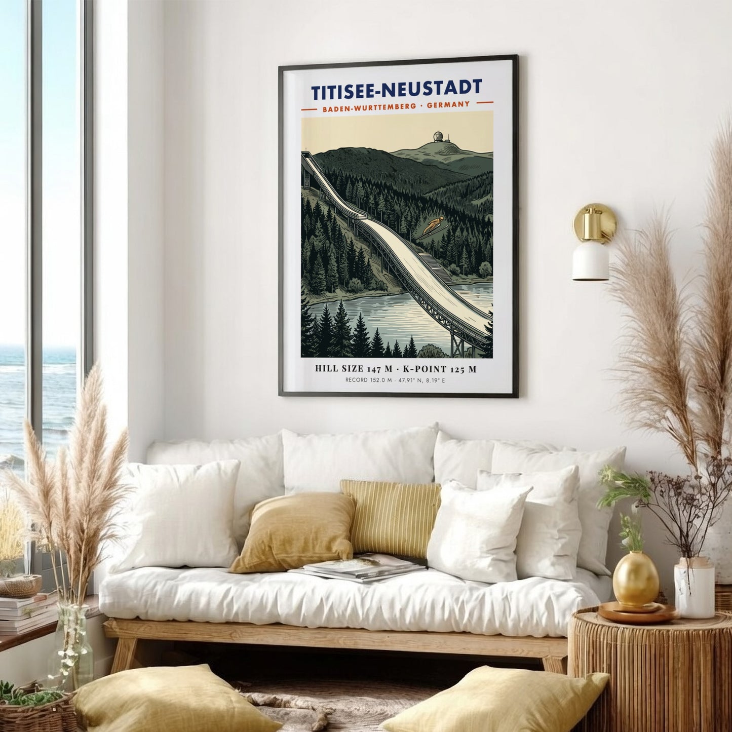 Poster of Titisee-Neustadt ski jump with a jumper against a pine forest background