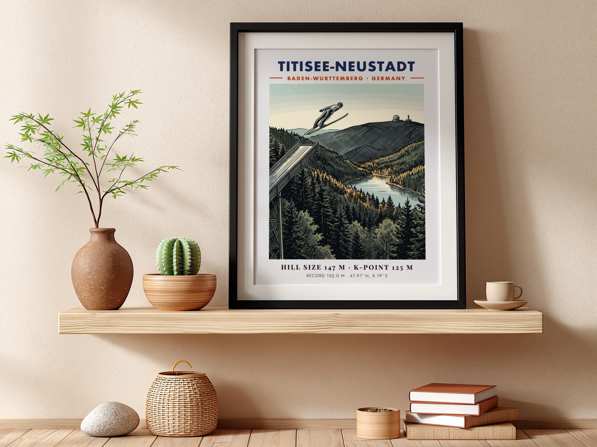 Poster of a ski jumper in flight over the Titisee-Neustadt landscape in Germany.