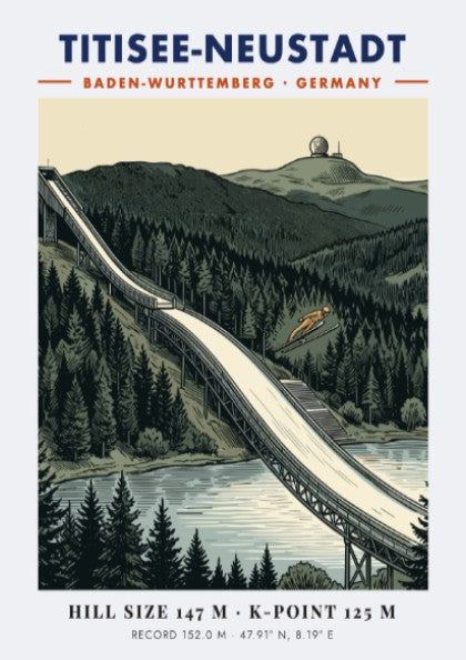 Poster of Titisee-Neustadt ski jump with a jumper against a pine forest background