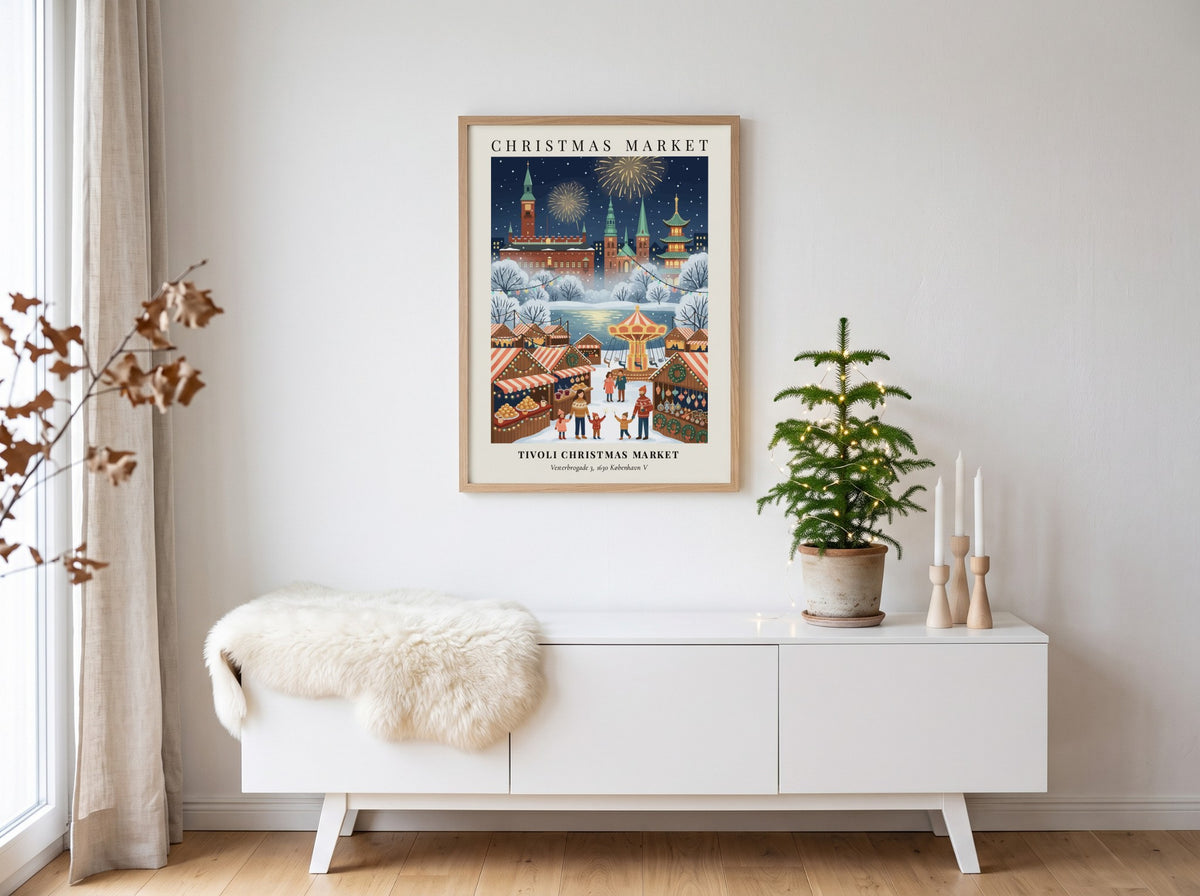 Tivoli Christmas Market poster featuring Copenhagen buildings, fireworks, holiday stalls, and families in