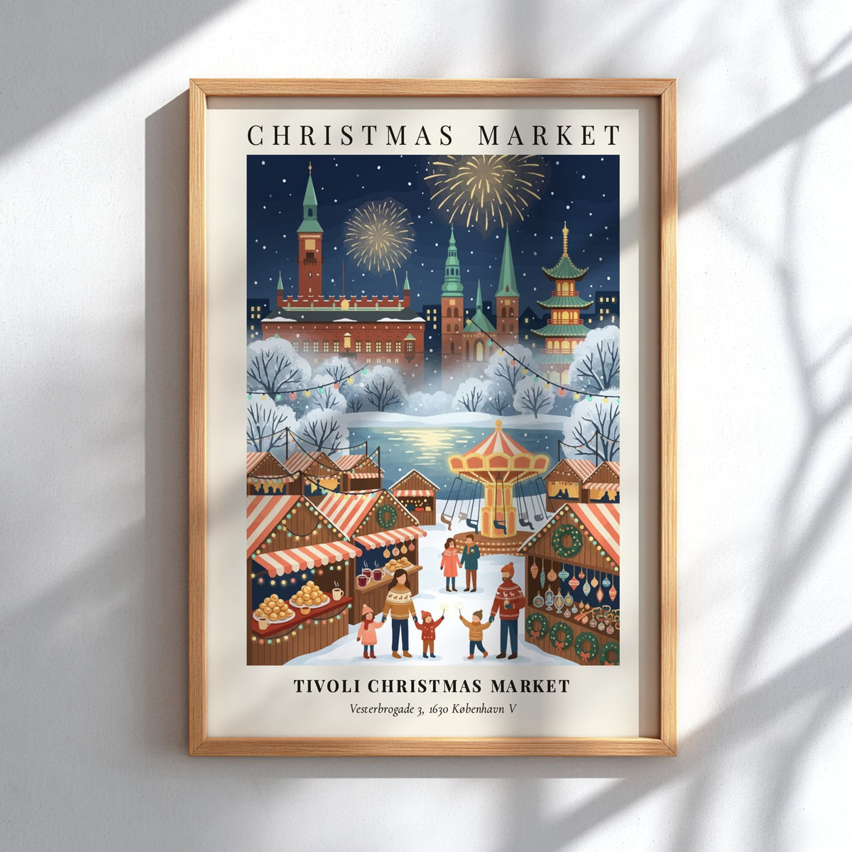 Tivoli Christmas Market poster featuring Copenhagen buildings, fireworks, holiday stalls, and families in