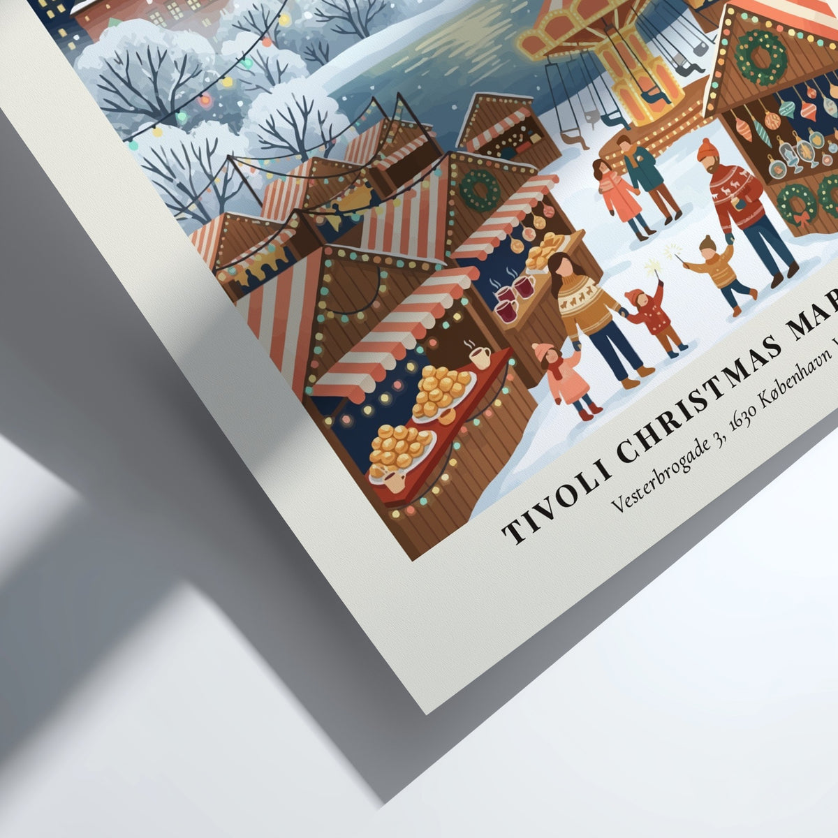 Tivoli Christmas Market poster featuring Copenhagen buildings, fireworks, holiday stalls, and families in