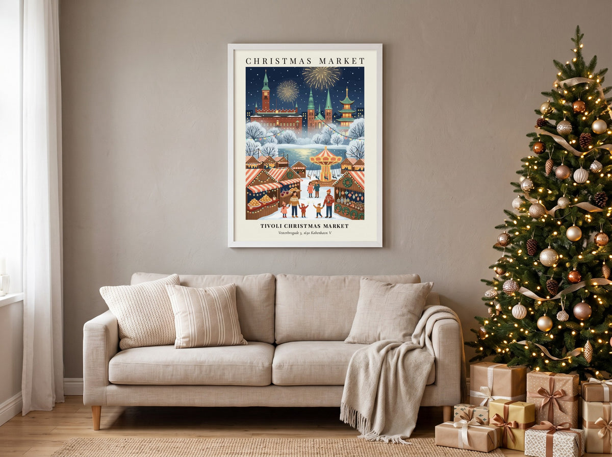 Tivoli Christmas Market poster featuring Copenhagen buildings, fireworks, holiday stalls, and families in