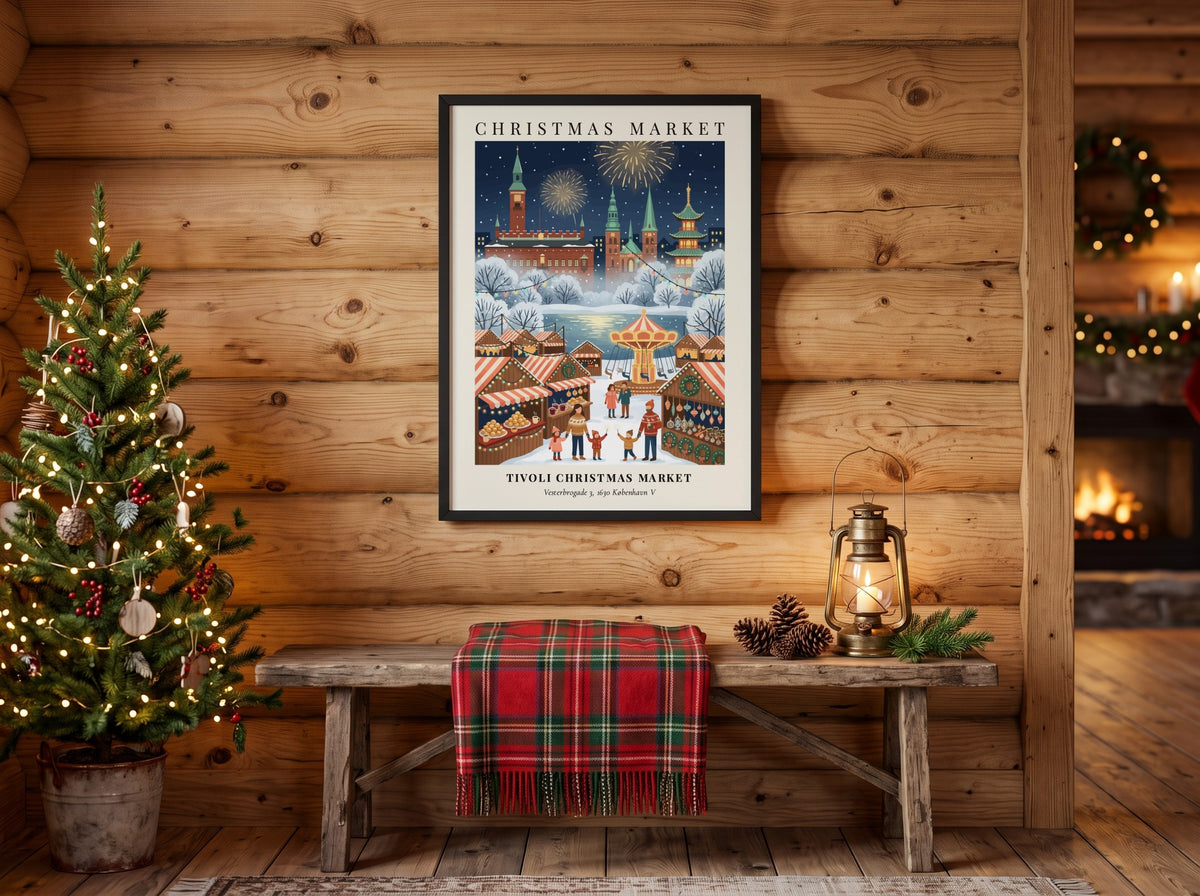 Tivoli Christmas Market poster featuring Copenhagen buildings, fireworks, holiday stalls, and families in