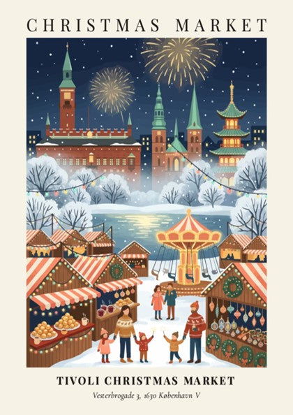 Tivoli Christmas Market poster featuring Copenhagen buildings, fireworks, holiday stalls, and families in