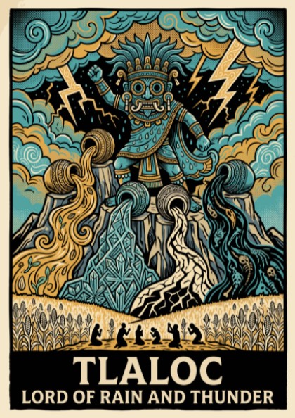 Tlaloc poster featuring the Aztec deity of rain and thunder in vibrant blue tones