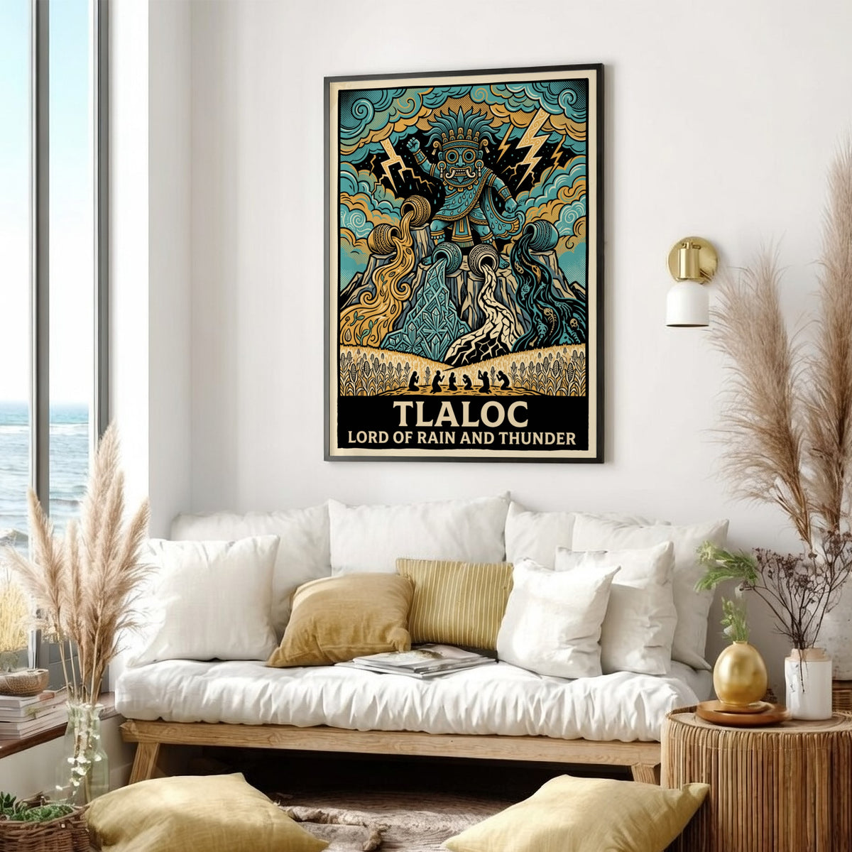 Tlaloc poster featuring the Aztec deity of rain and thunder in vibrant blue tones
