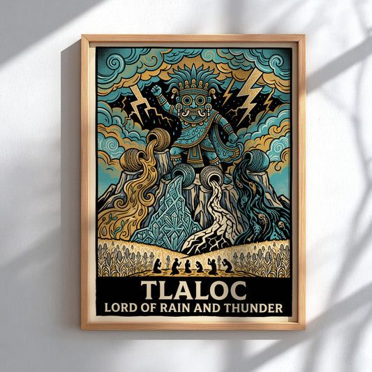 Tlaloc poster featuring the Aztec deity of rain and thunder in vibrant blue tones