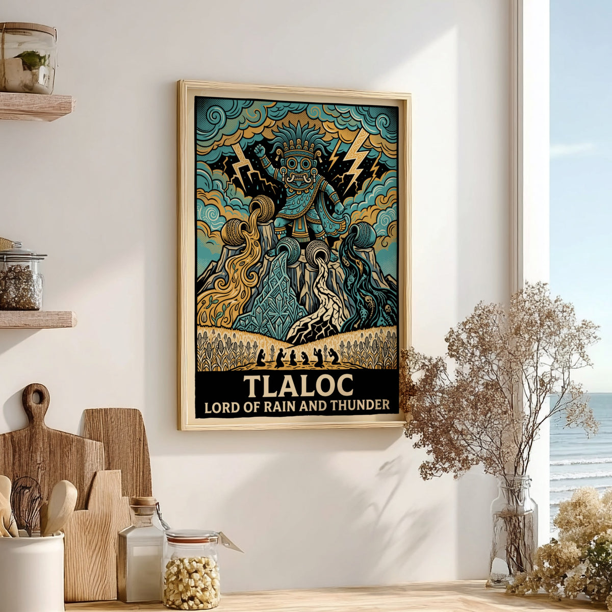 Tlaloc poster featuring the Aztec deity of rain and thunder in vibrant blue tones