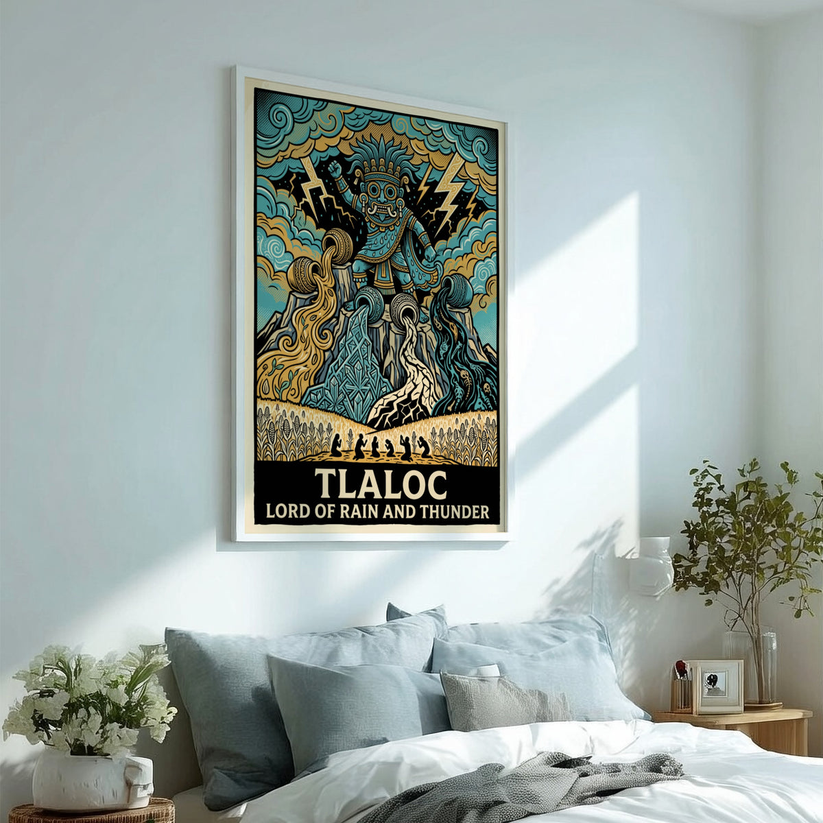 Tlaloc poster featuring the Aztec deity of rain and thunder in vibrant blue tones