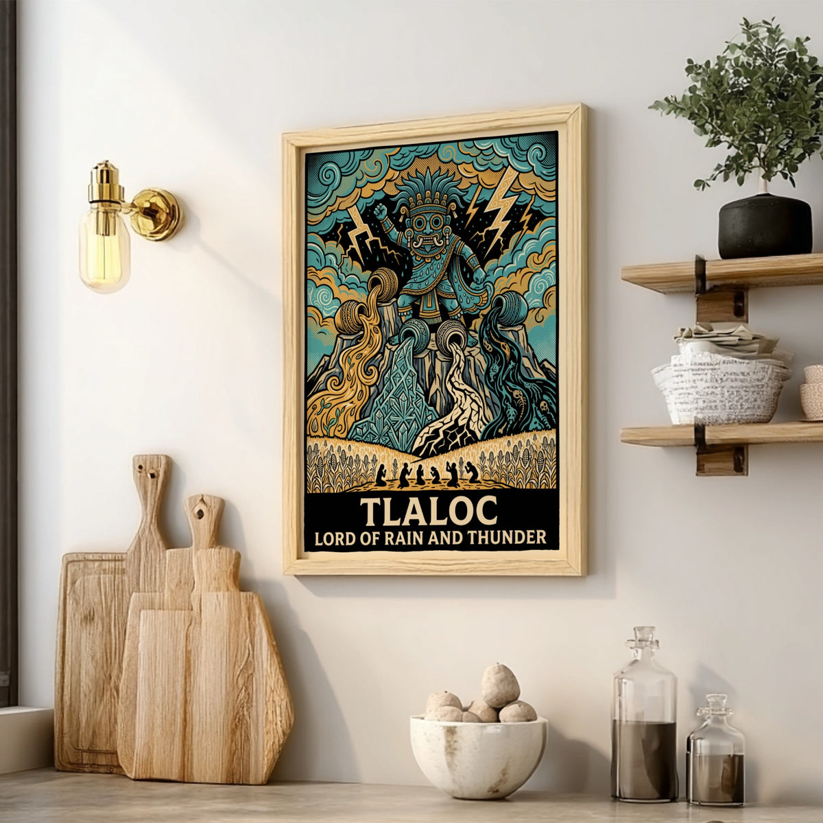Tlaloc poster featuring the Aztec deity of rain and thunder in vibrant blue tones