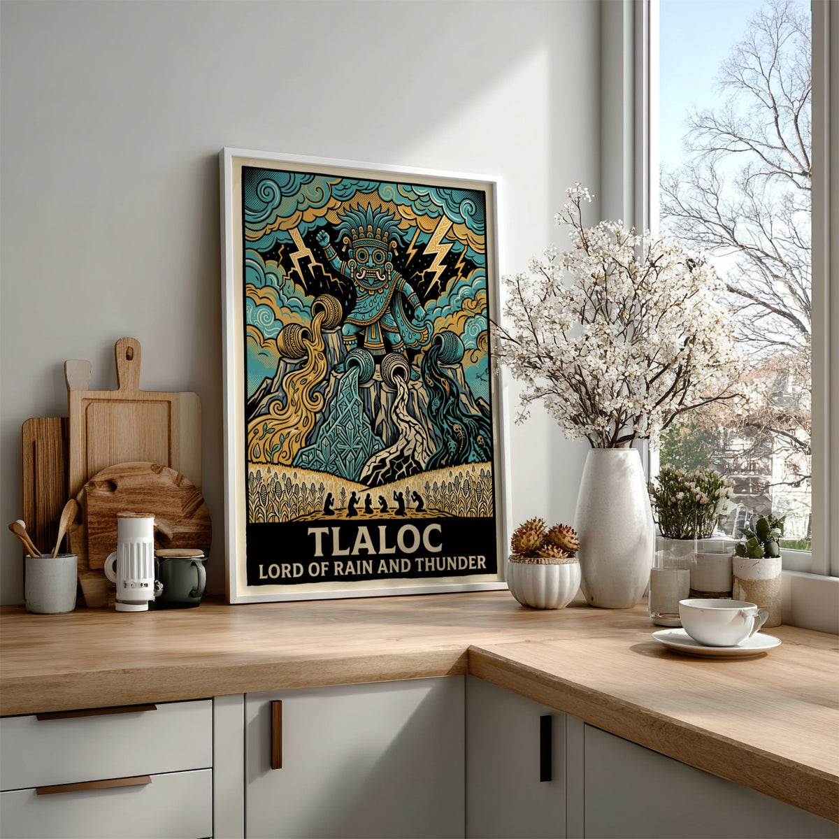 Tlaloc poster featuring the Aztec deity of rain and thunder in vibrant blue tones