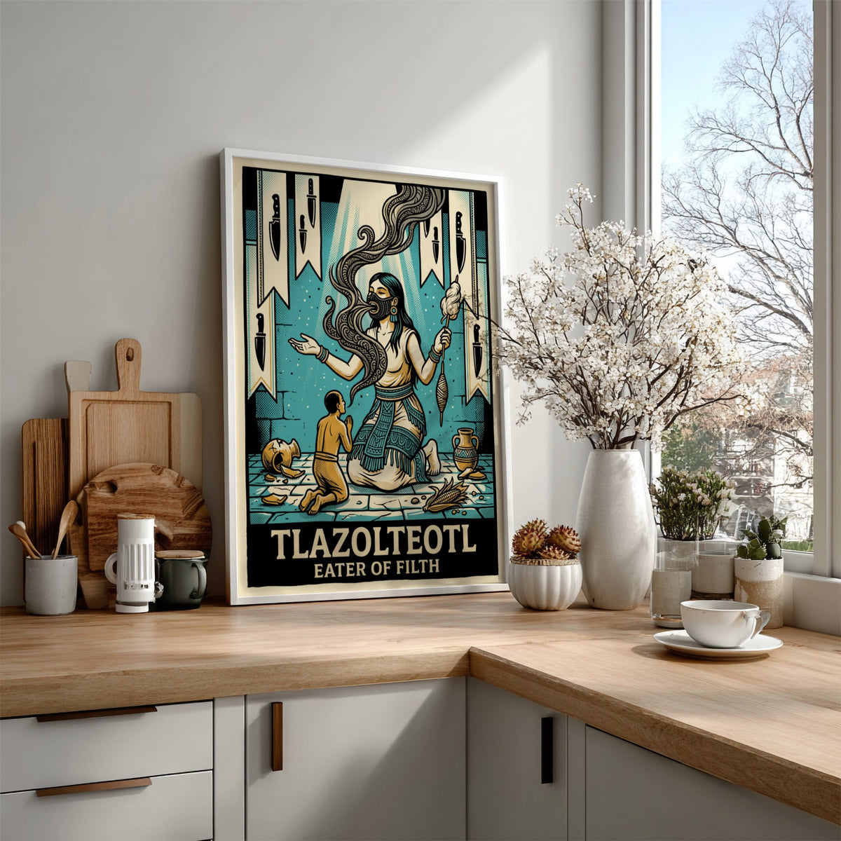 Poster featuring Tlazolteotl Eater of Filth with Aztec symbols in teal and cream tones.